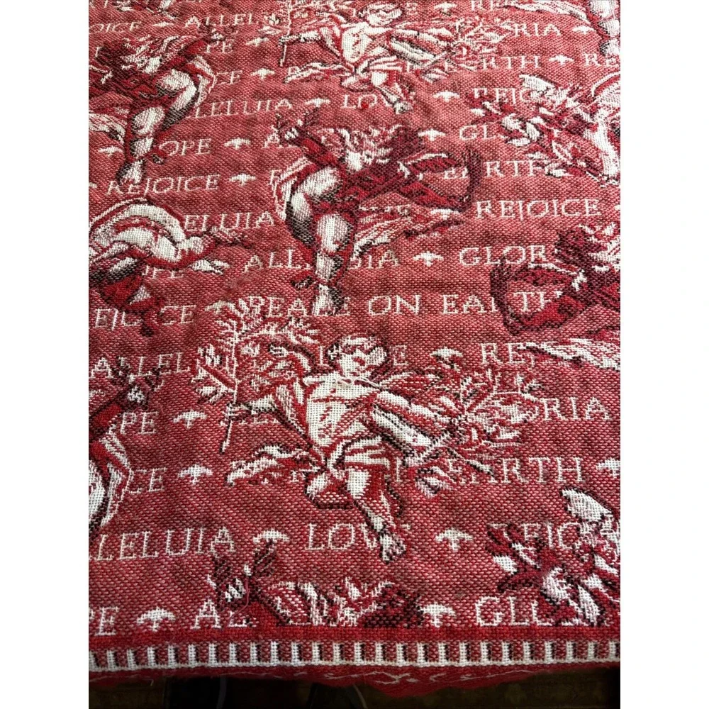 Vintage 90s Christmas Tapestry Blanket Red Angel Cherub Rejoice Peace on‎ Earth